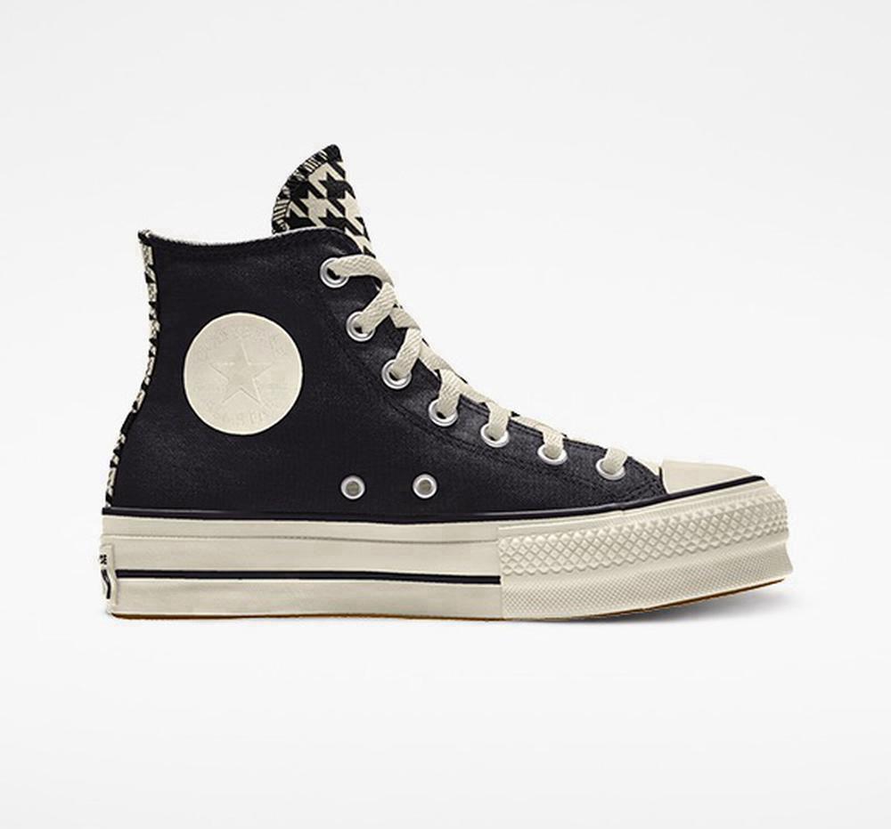 Black Hounds Tooth Converse Custom Chuck Taylor All Star Lift Canvas By You Unisex High Top Women's Platform Shoes US | 07351-WBEZ