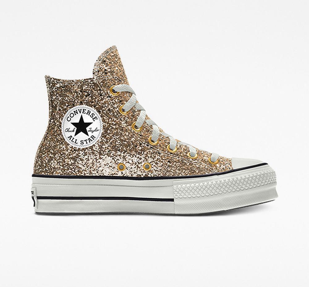 Gold Converse Custom Chuck Taylor All Star Lift Glitter By You High Top Women's Platform Shoes US | 80917-MAKX