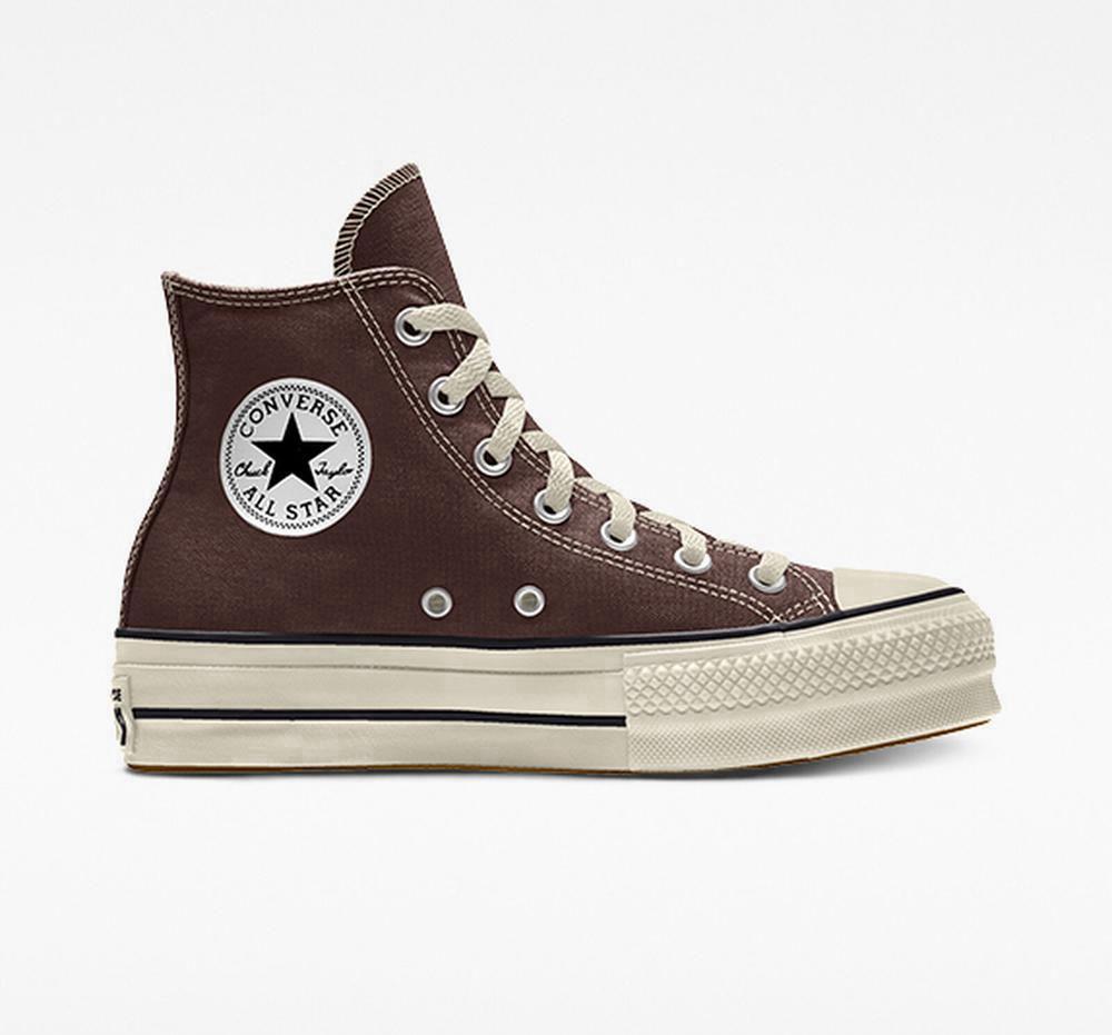 Brown Darkroot Converse Custom Chuck Taylor All Star Lift Canvas By You Unisex High Top Women\'s Platform Shoes  US |  87423-CJUG