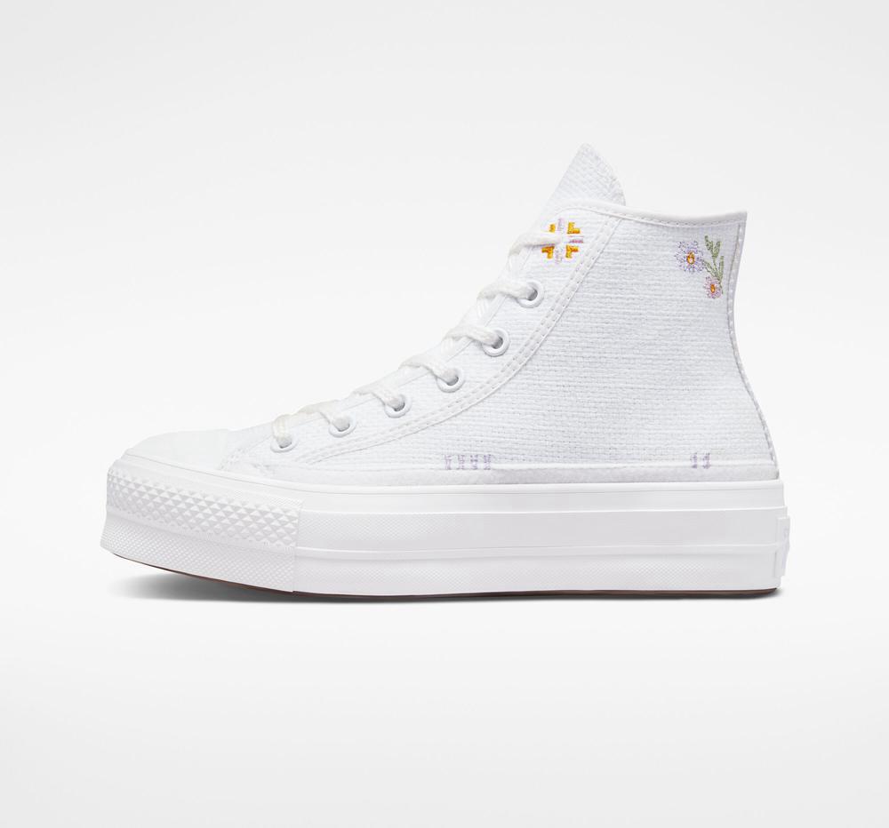 White / Moonstone Violet / Mouse Converse Chuck Taylor All Star Lift Platform Autumn Embroidery Women's High Tops  US |  17862-HZPX