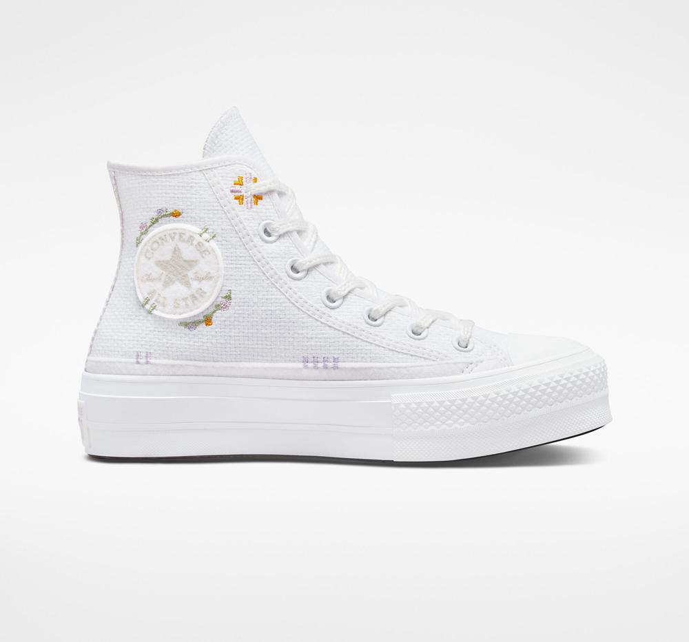 White / Moonstone Violet / Mouse Converse Chuck Taylor All Star Lift Platform Autumn Embroidery Women\'s High Tops  US |  17862-HZPX